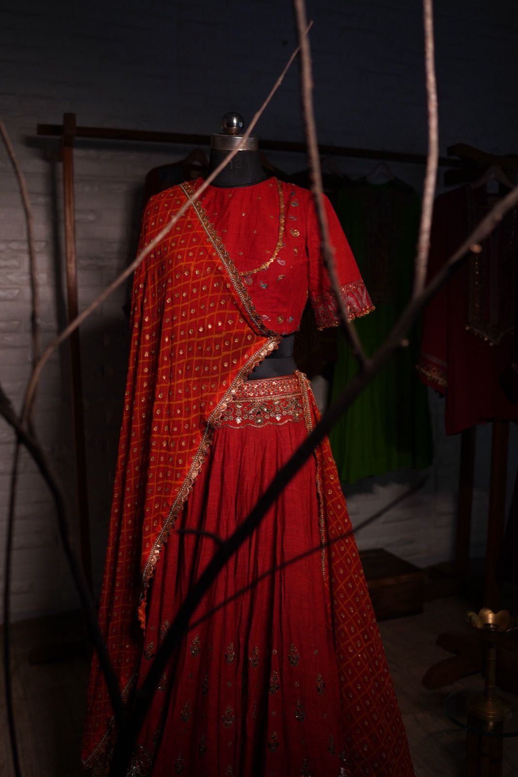 Rust Orange Bandhani Lehenga with Boat-Neck Blouse - view 7