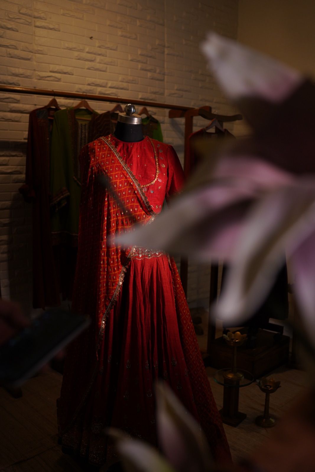 Rust Orange Bandhani Lehenga with Boat-Neck Blouse - view 8