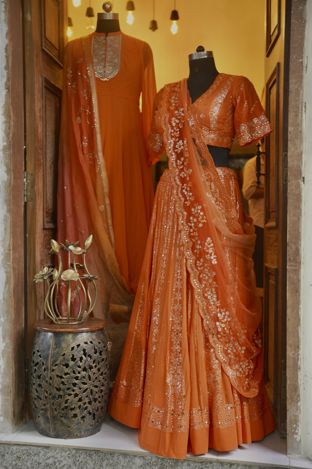 Burnt Orange Mirror-Work Lehenga Set