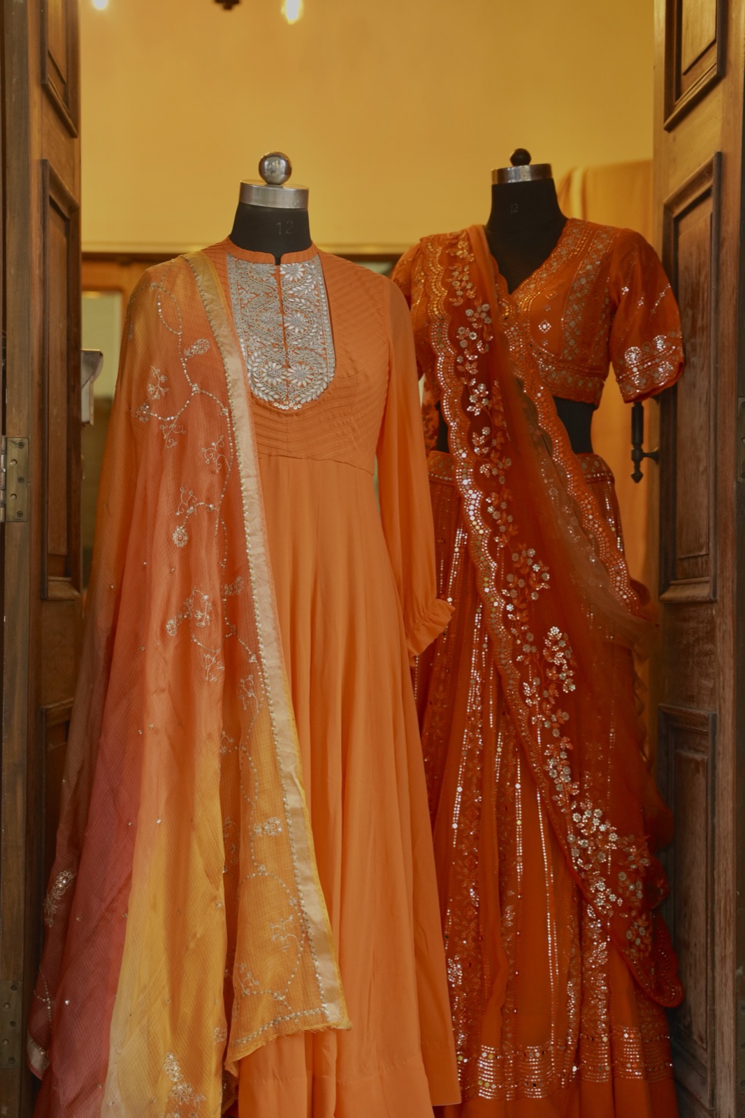 Burnt Orange Mirror-Work Lehenga Set