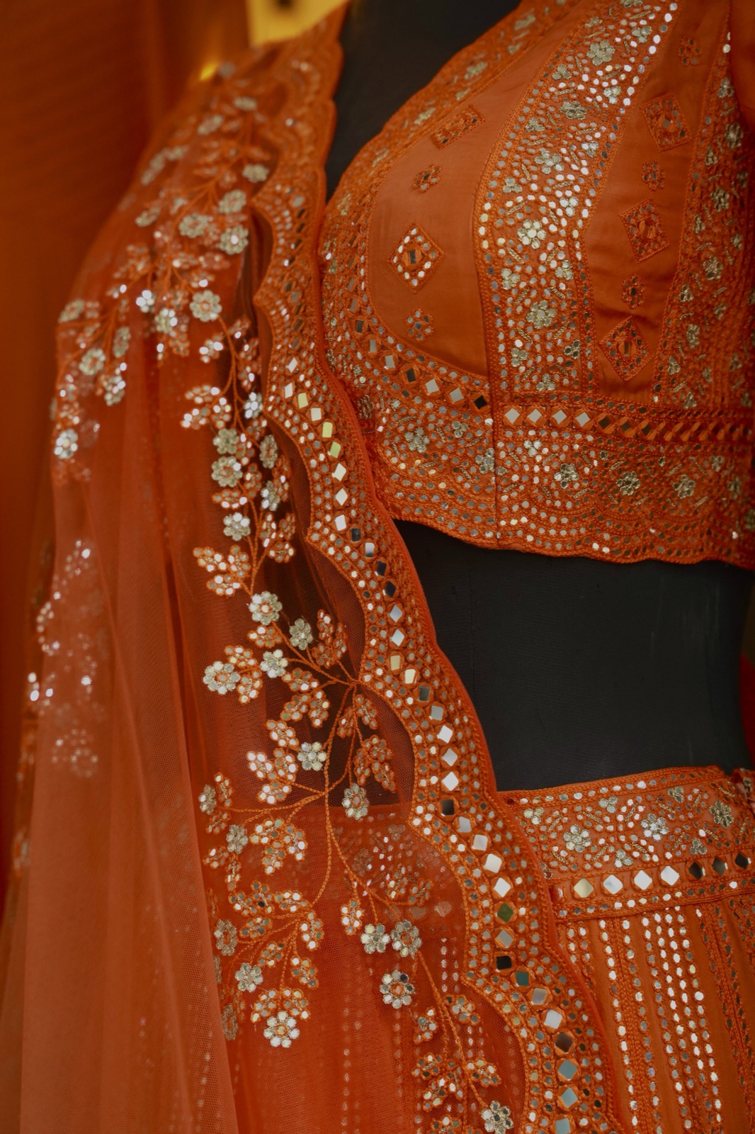 Burnt Orange Mirror-Work Lehenga Set - view 7