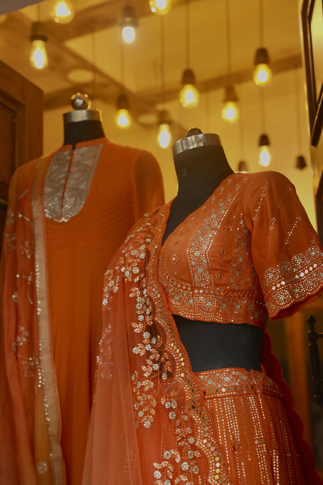 Burnt Orange Mirror-Work Lehenga Set - view 8