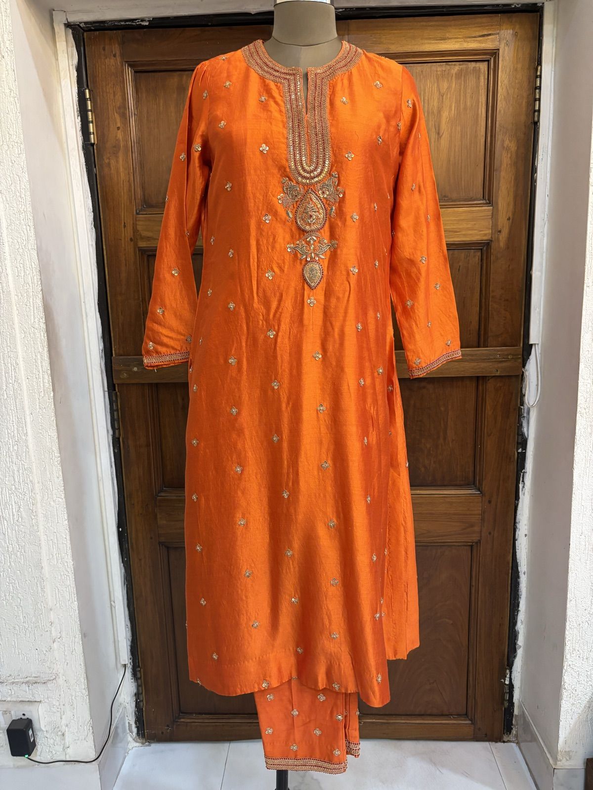Tangerine Zardozi Suit with Pink Dupatta
