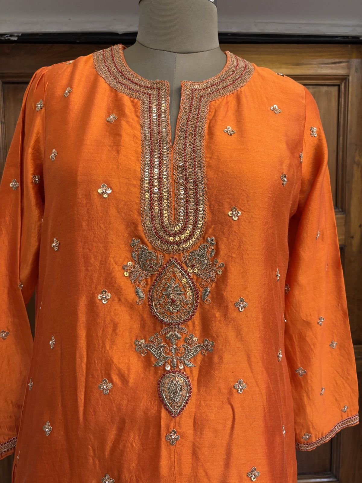 Tangerine Zardozi Suit with Pink Dupatta