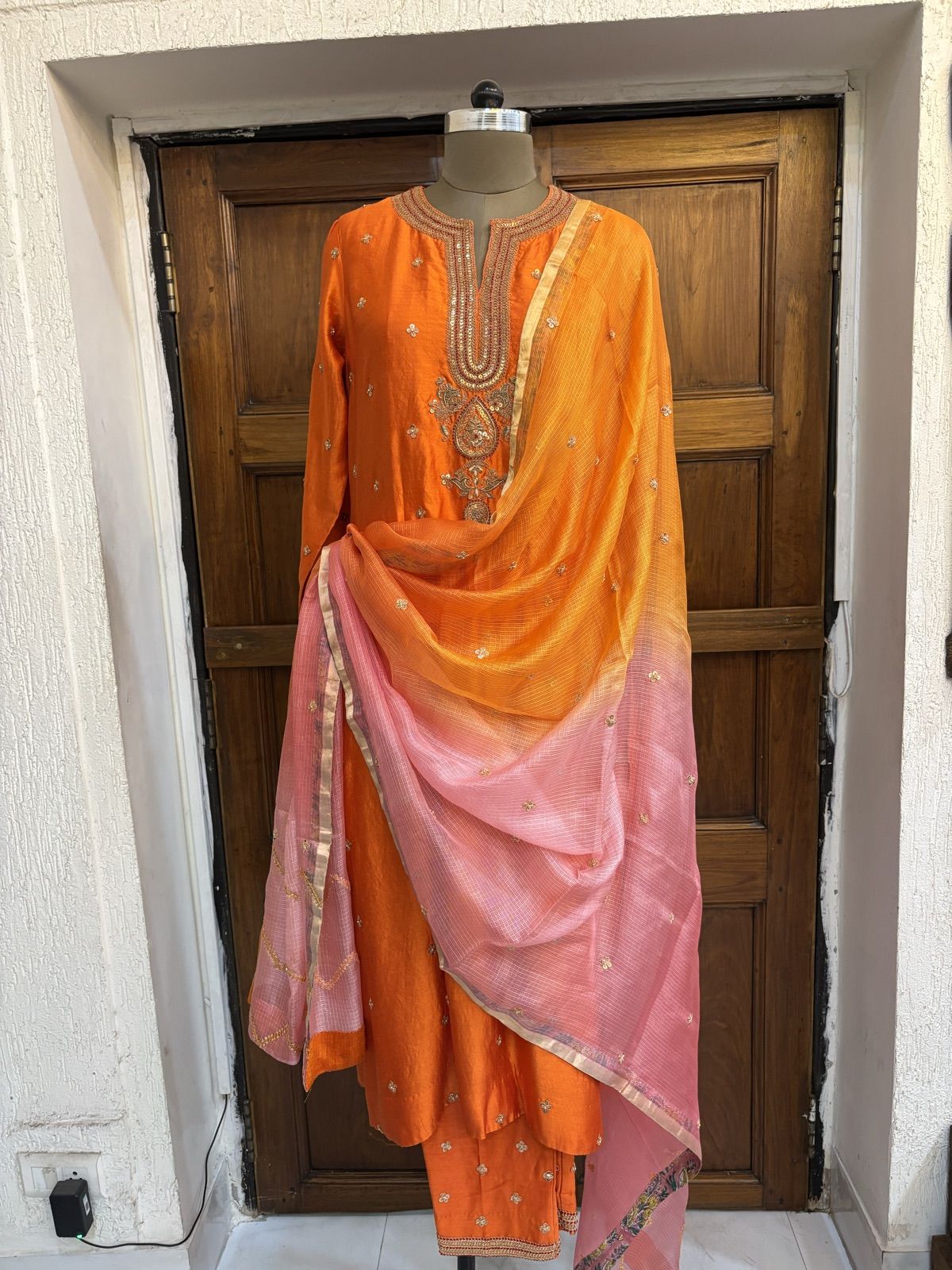 Tangerine Zardozi Suit with Pink Dupatta - view 5