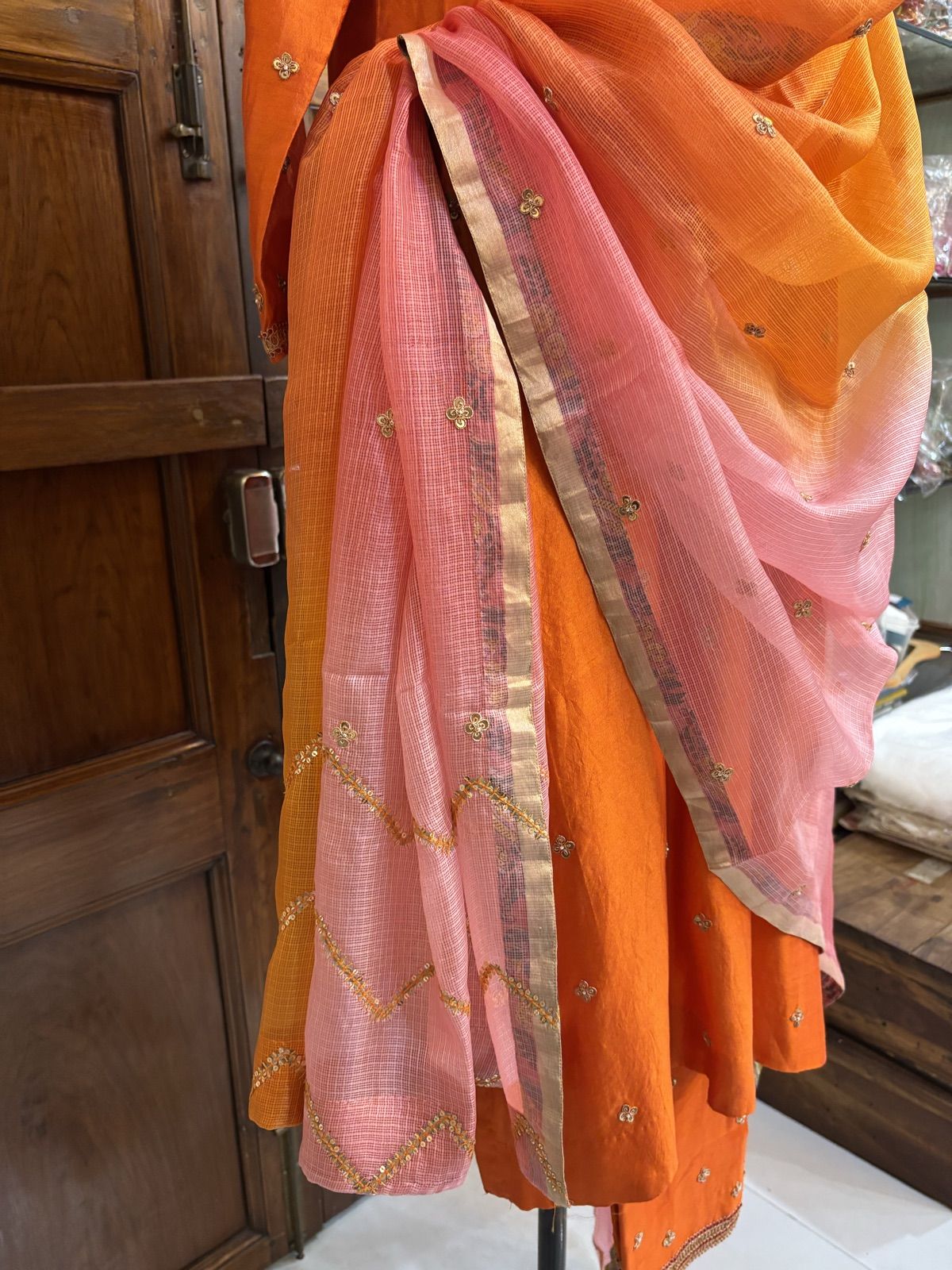 Tangerine Zardozi Suit with Pink Dupatta - view 6