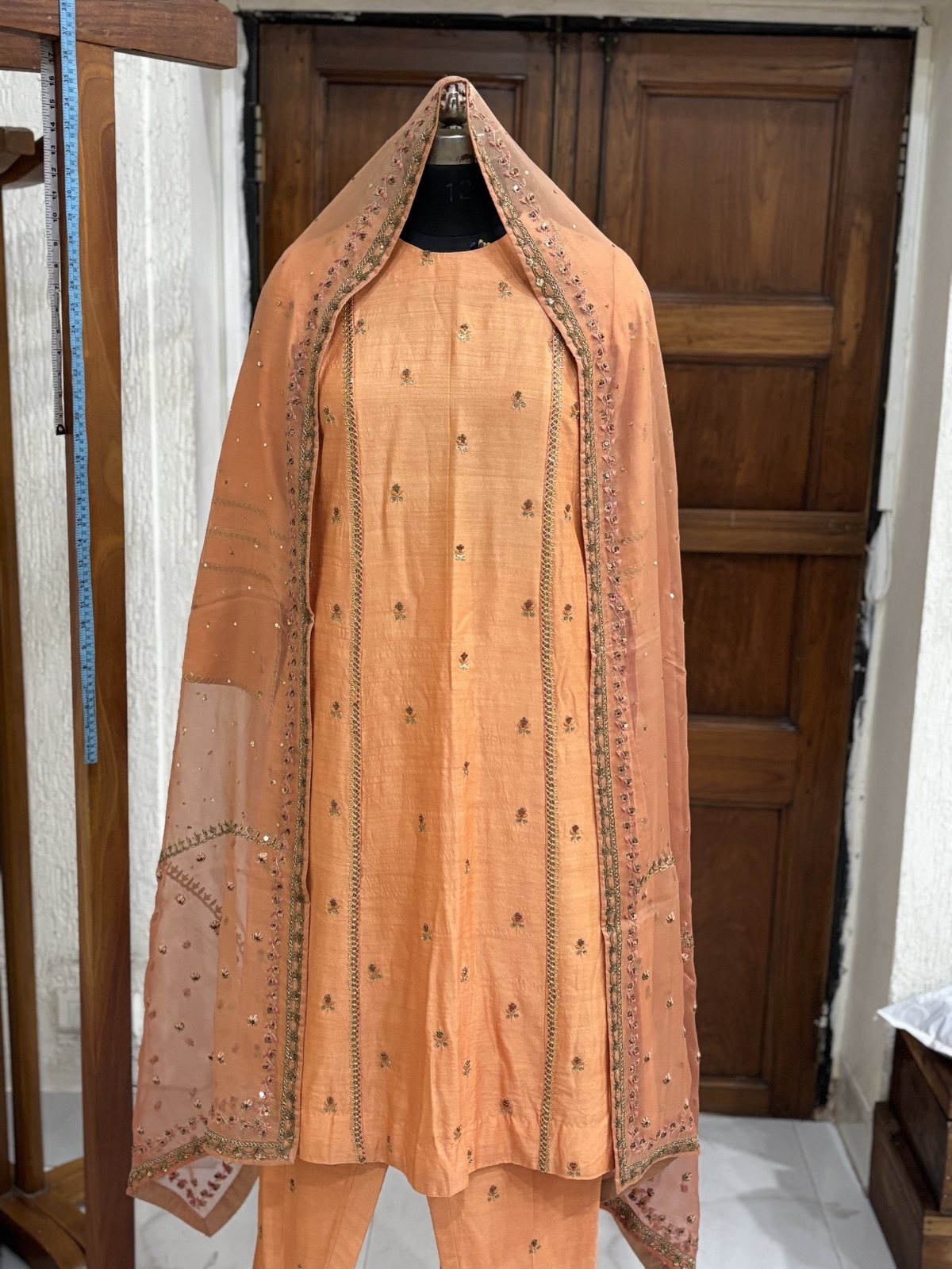Peach Kurta Set with Embroidered Organza Dupatta