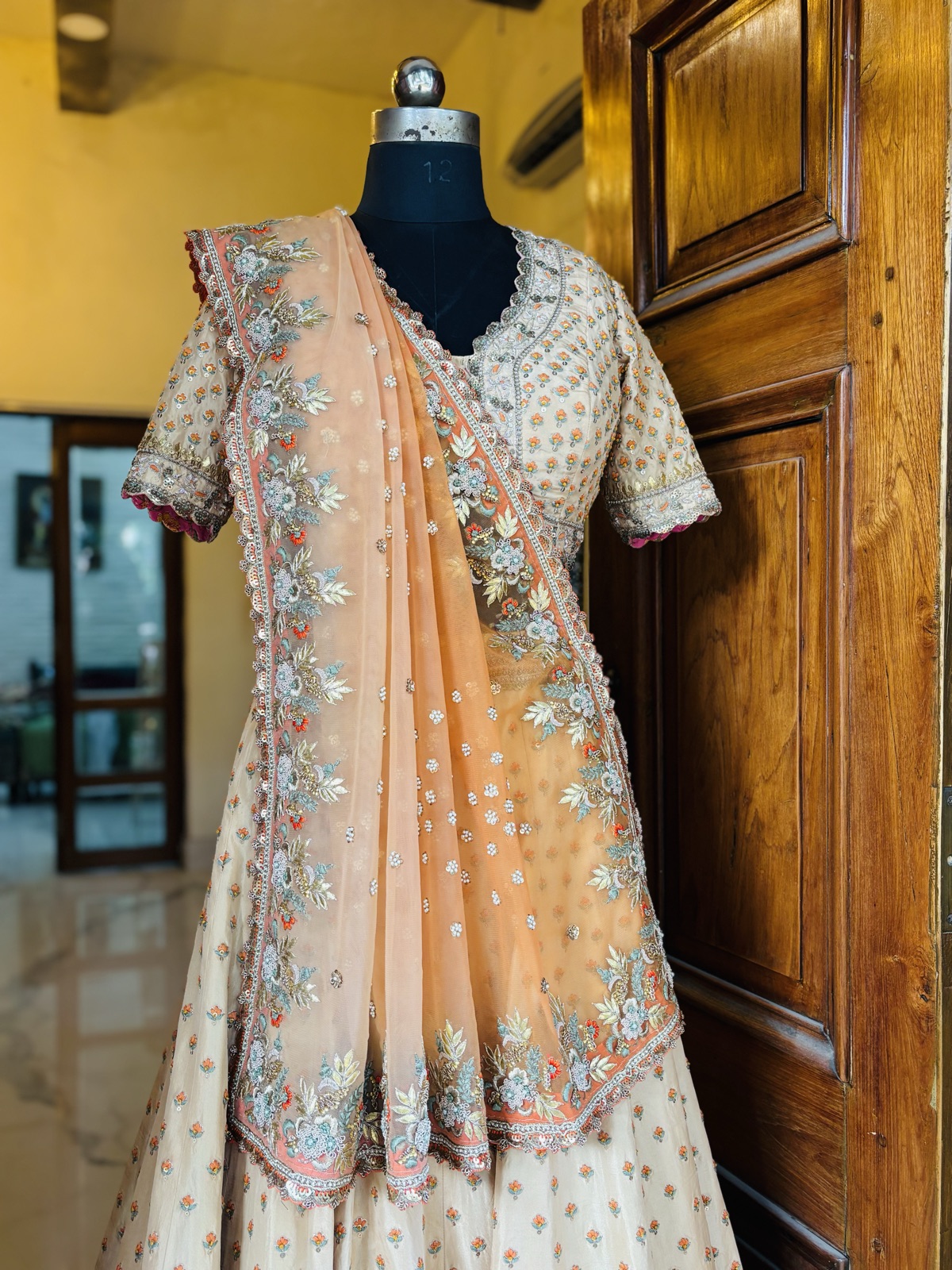 Ivory Buti Lehenga with Peach Embroidered Dupatta