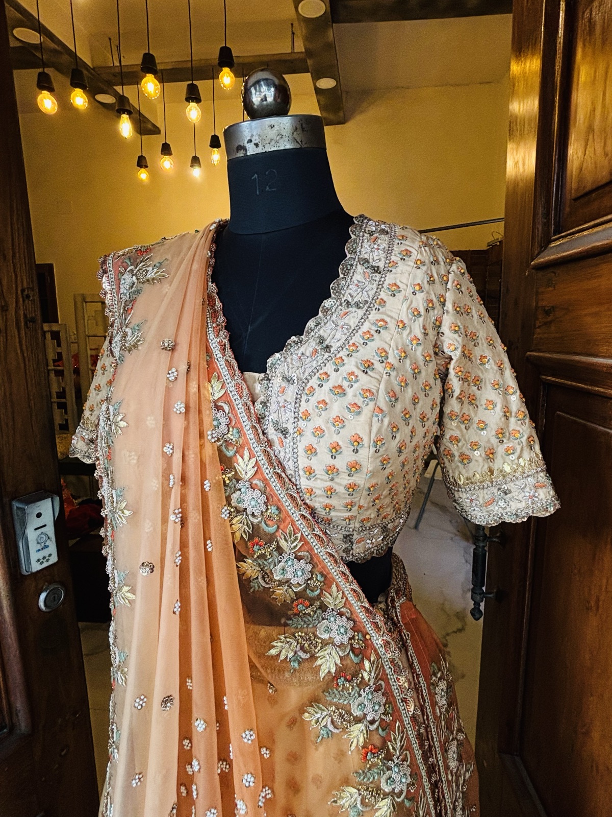 Ivory Buti Lehenga with Peach Embroidered Dupatta