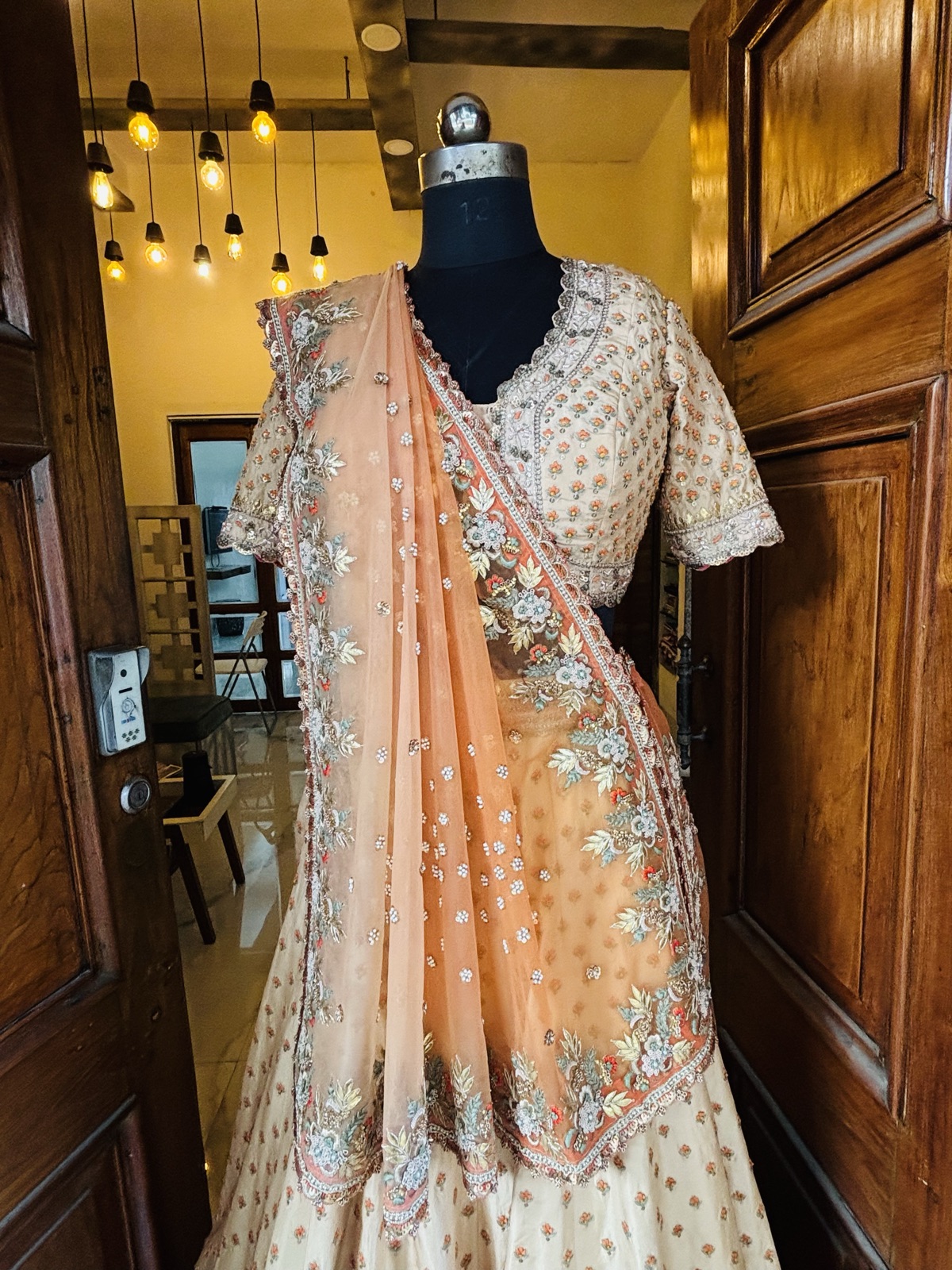 Ivory Buti Lehenga with Peach Embroidered Dupatta - view 3