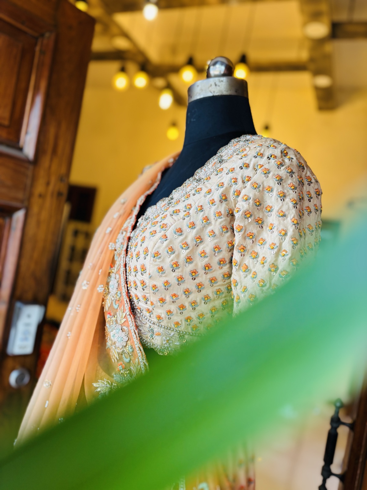 Ivory Buti Lehenga with Peach Embroidered Dupatta - view 6