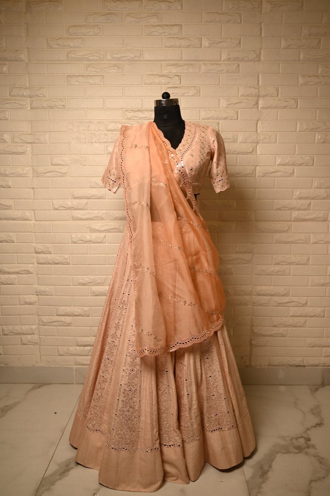 Peach Mirror-Work Lehenga with Organza Dupatta