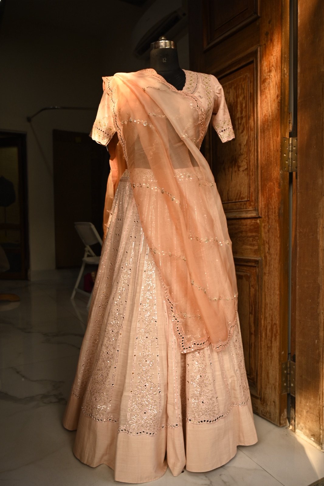 Peach Mirror-Work Lehenga with Organza Dupatta - view 3