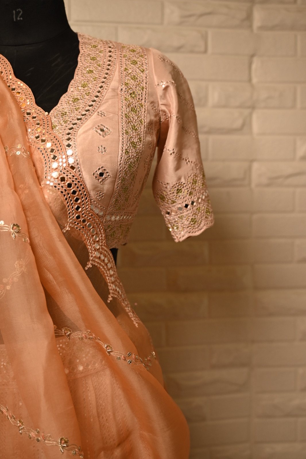 Peach Mirror-Work Lehenga with Organza Dupatta - view 4