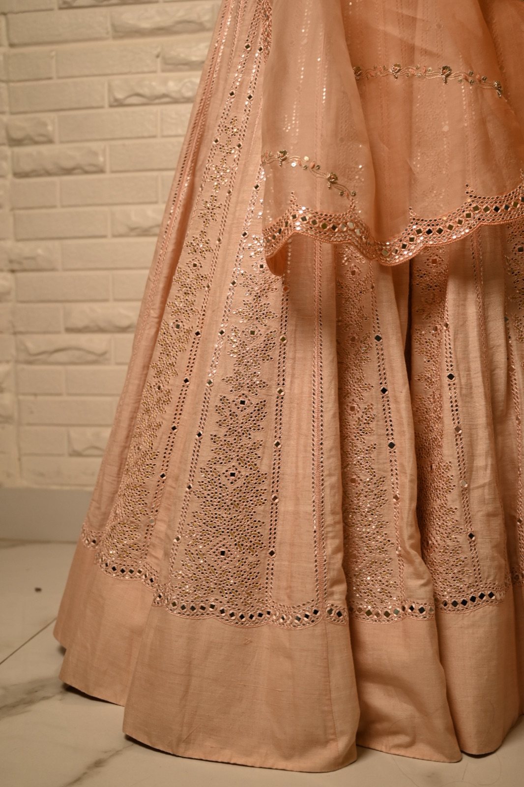 Peach Mirror-Work Lehenga with Organza Dupatta - view 6