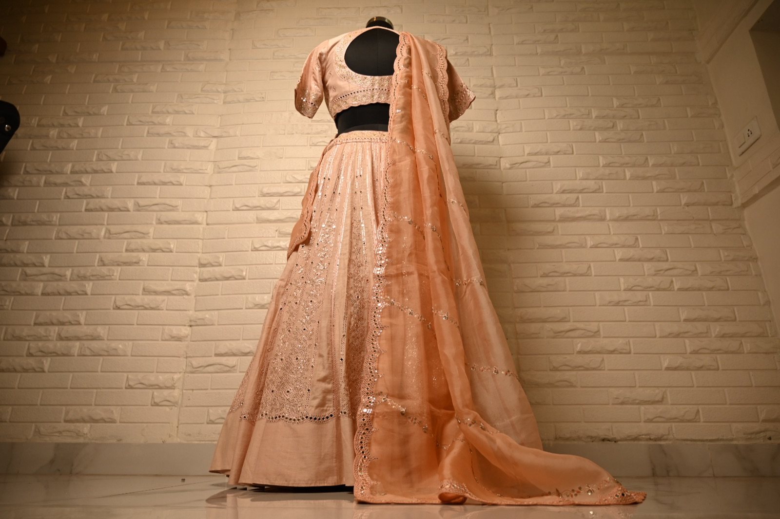 Peach Mirror-Work Lehenga with Organza Dupatta - view 8