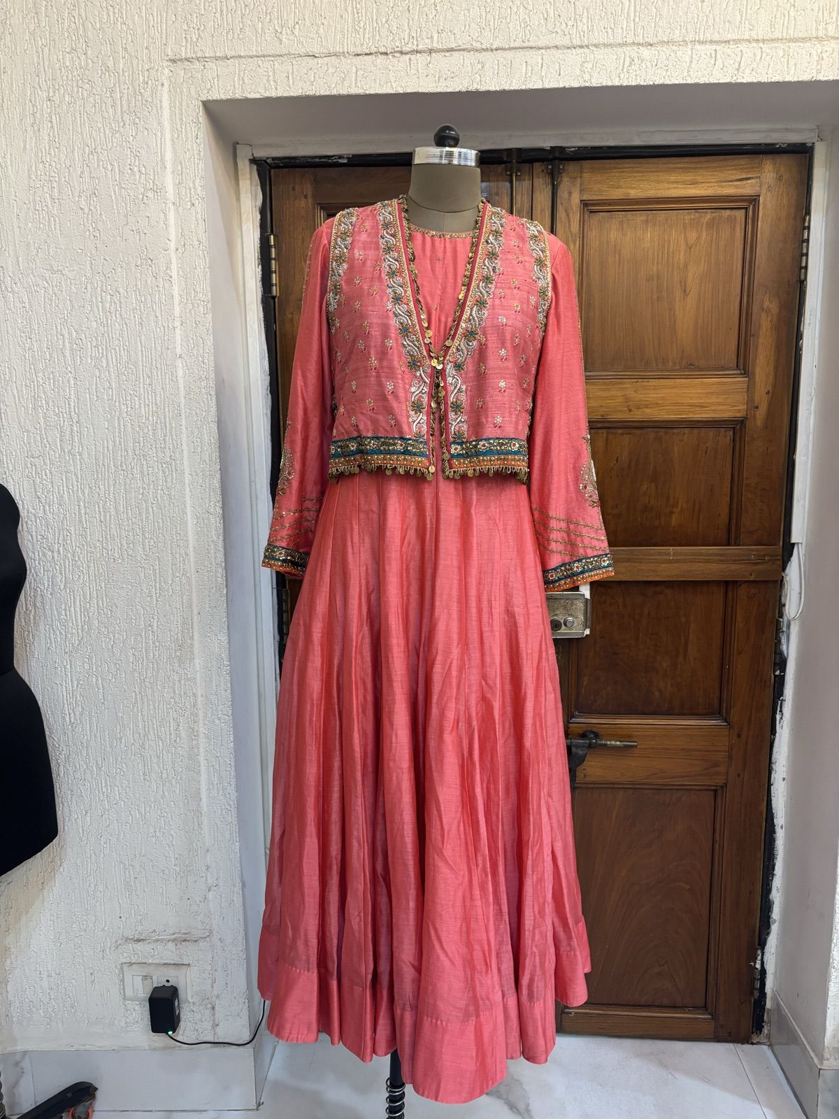 Coral Pink Anarkali with Embroidered Yoke