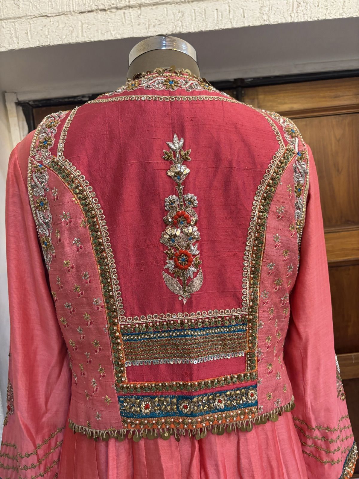 Coral Pink Anarkali with Embroidered Yoke - view 4