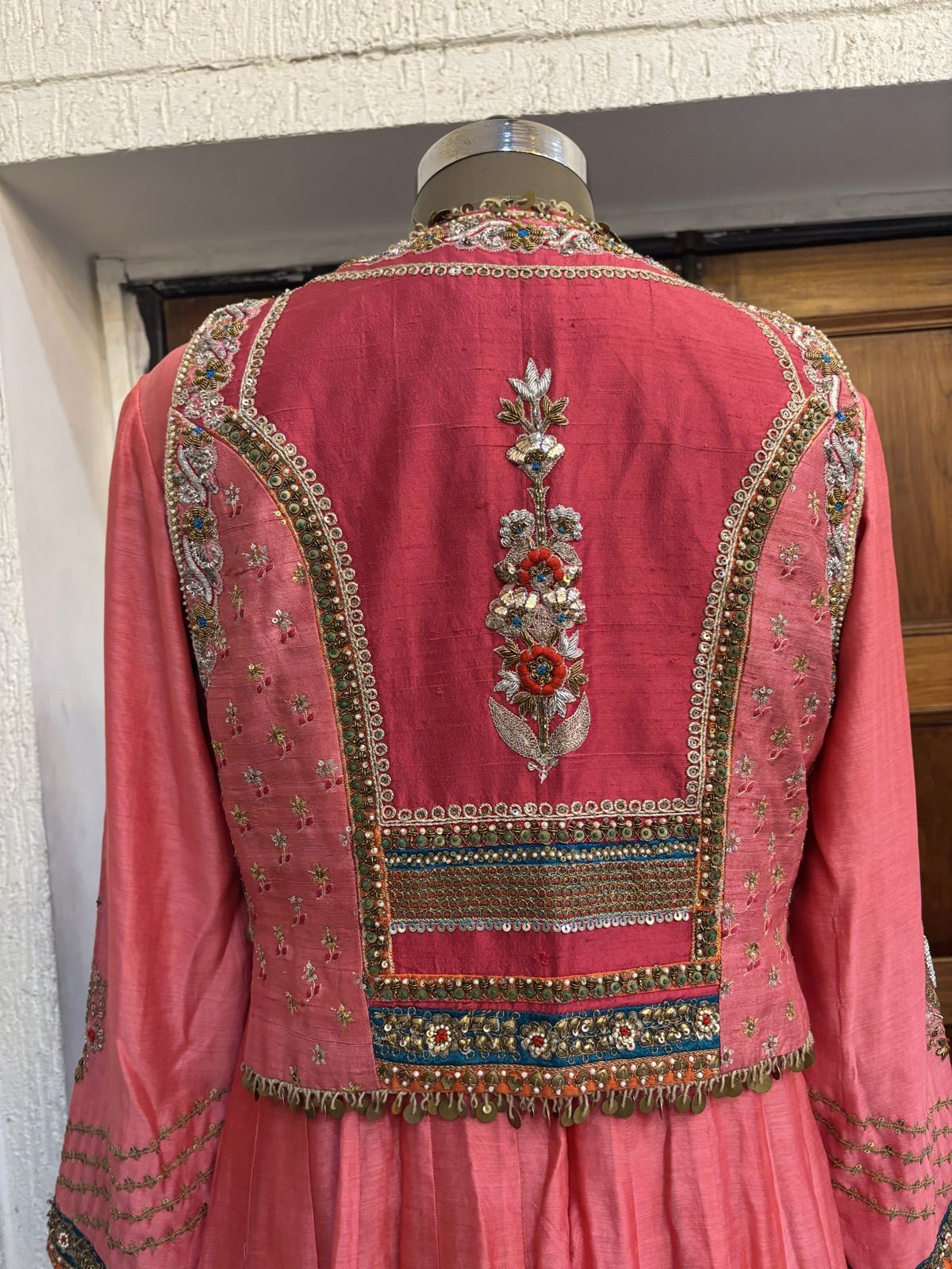 Coral Pink Anarkali with Embroidered Yoke - view 5