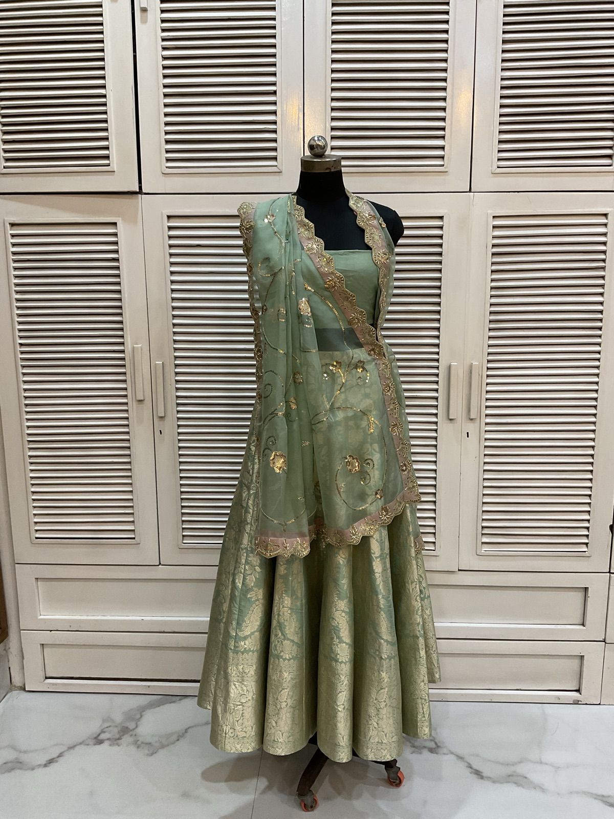 Pistachio Tissue Ghagra with Organza Dupatta