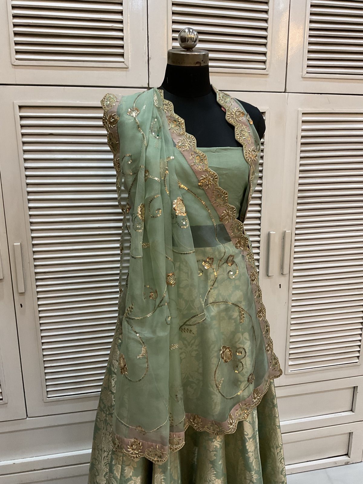 Pistachio Tissue Ghagra with Organza Dupatta - view 6