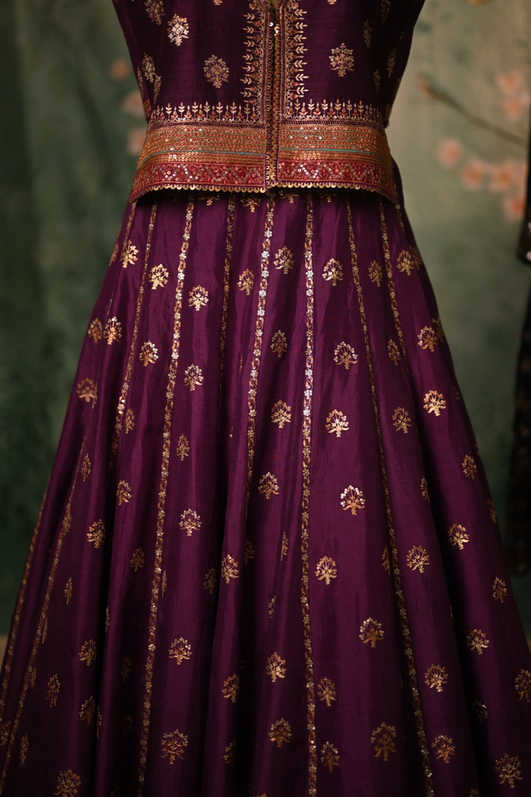 Plum Brocade Lehenga with Sleeveless Jacket - view 3