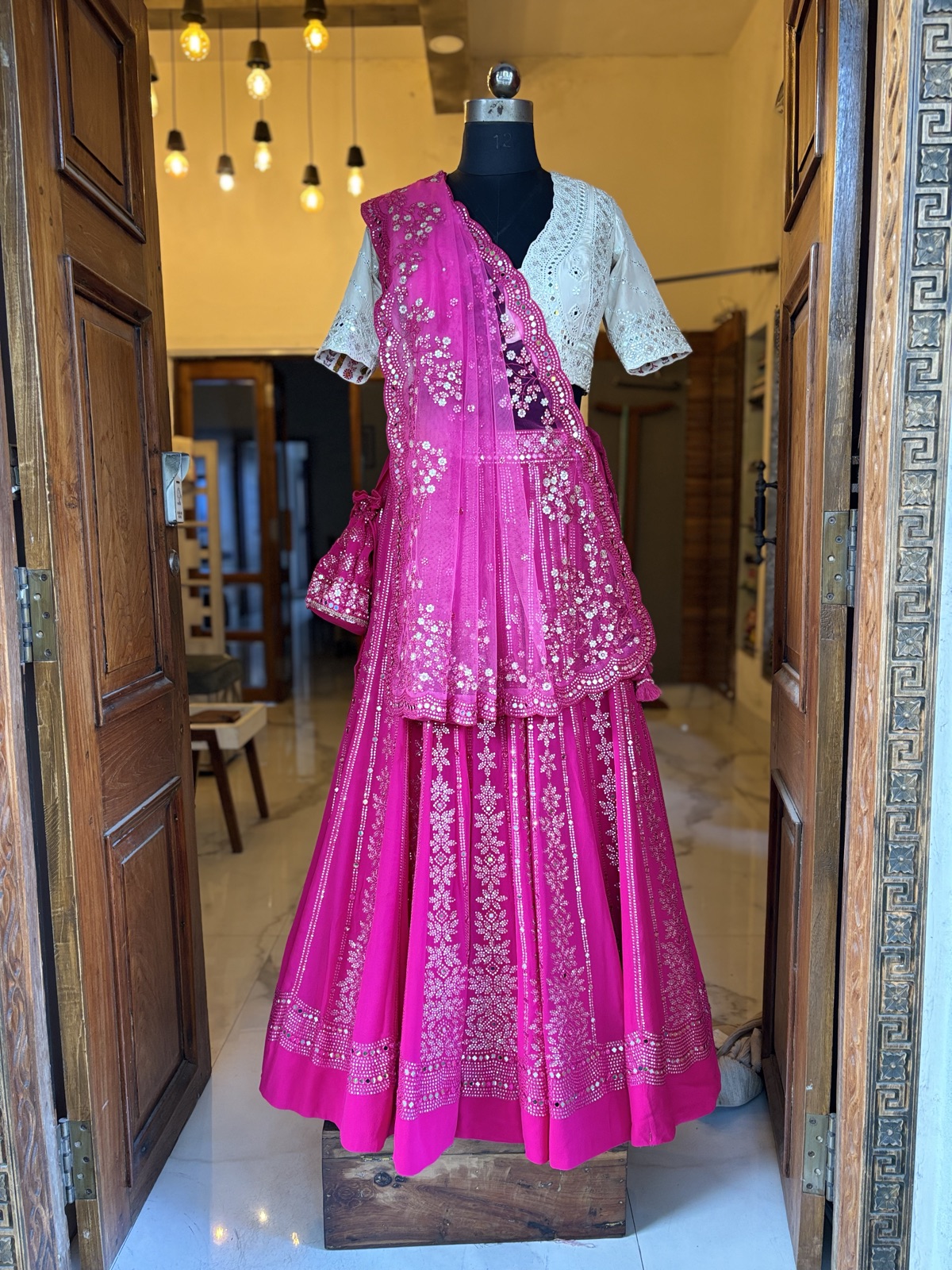 Magenta Peplum Lehenga with Ivory Chikan Blouse