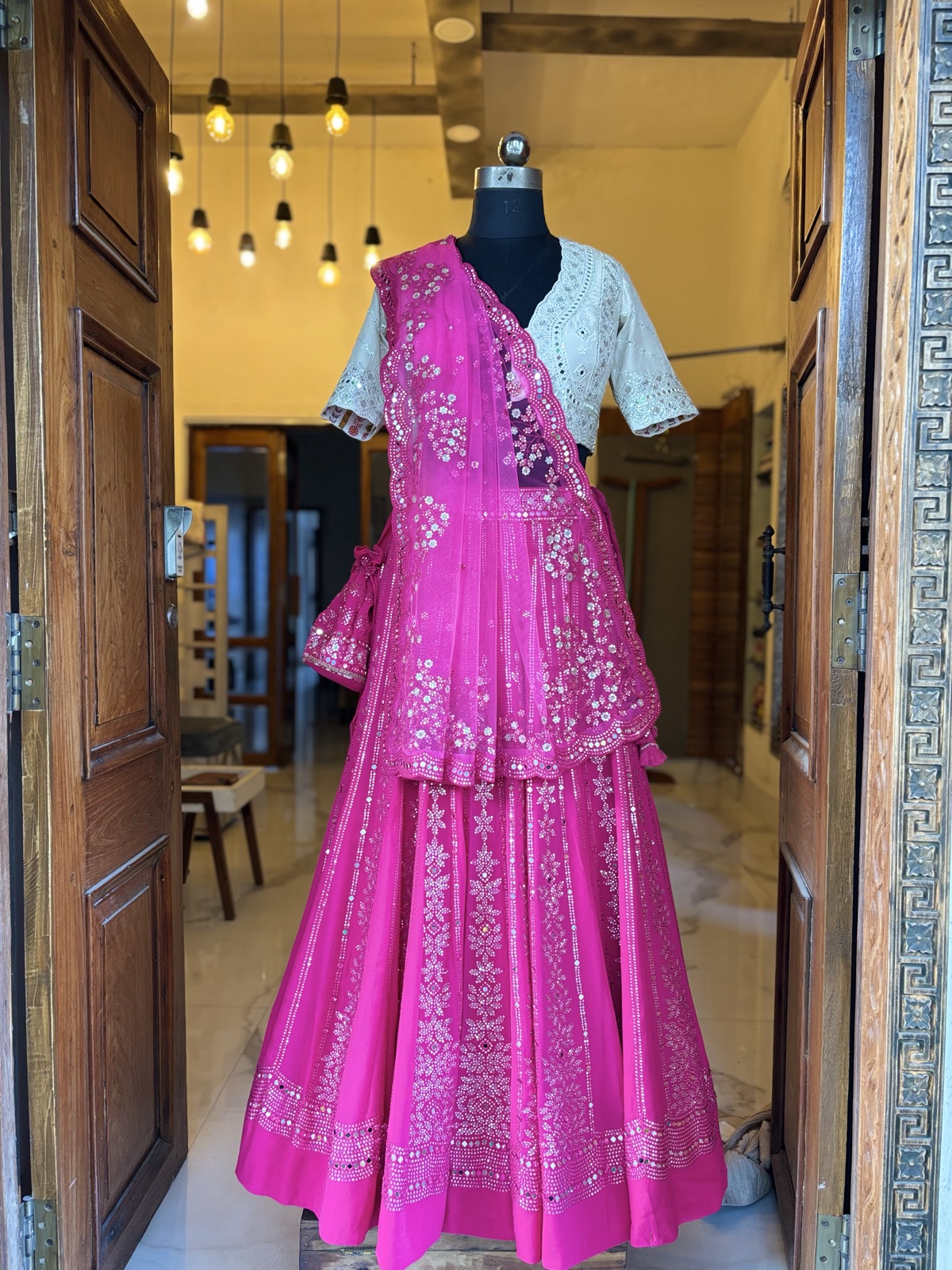 Magenta Peplum Lehenga with Ivory Chikan Blouse - view 4