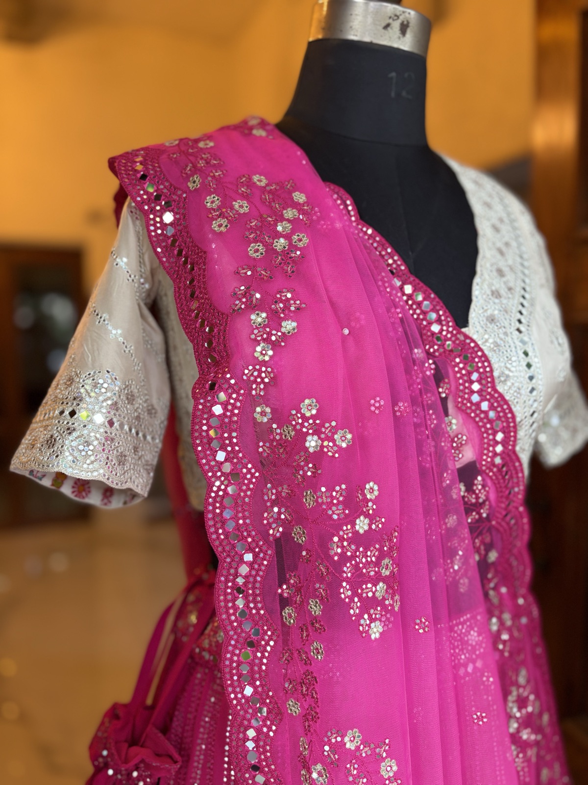 Magenta Peplum Lehenga with Ivory Chikan Blouse - view 5