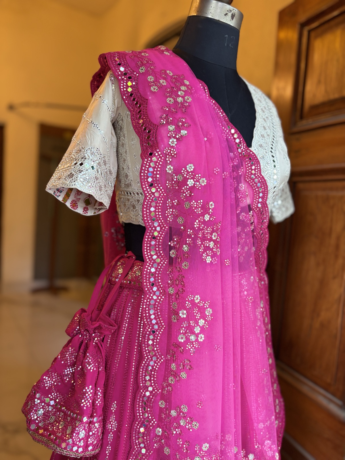 Magenta Peplum Lehenga with Ivory Chikan Blouse - view 6