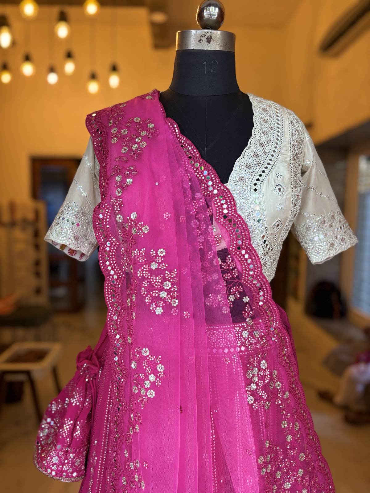 Magenta Peplum Lehenga with Ivory Chikan Blouse - view 7