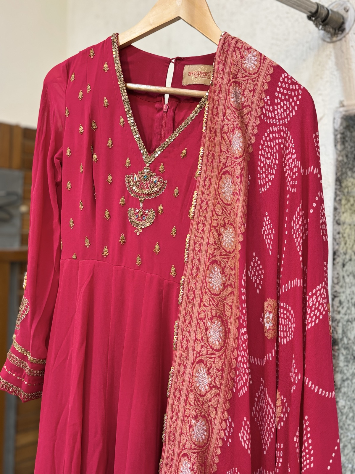 Crimson Bandhani Anarkali Set