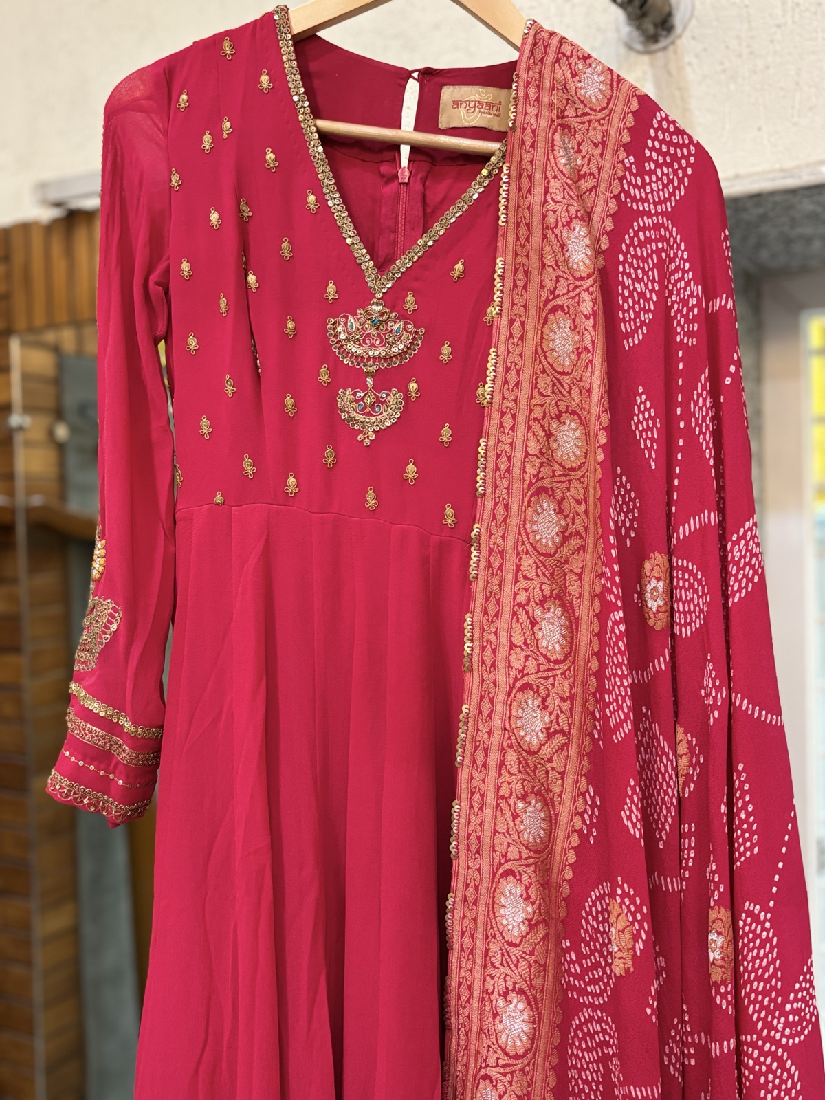Crimson Bandhani Anarkali Set - view 5