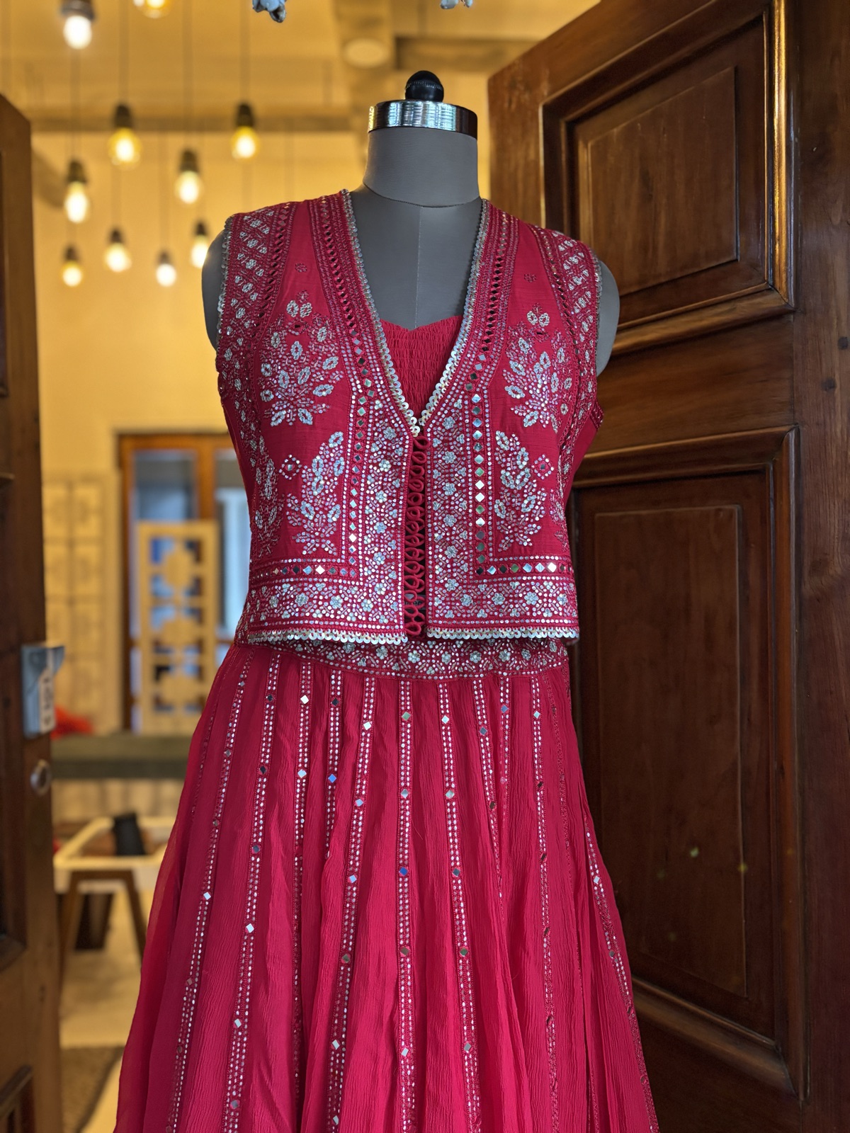 Scarlet Ghagra with Mirror-Work Jacket - view 5