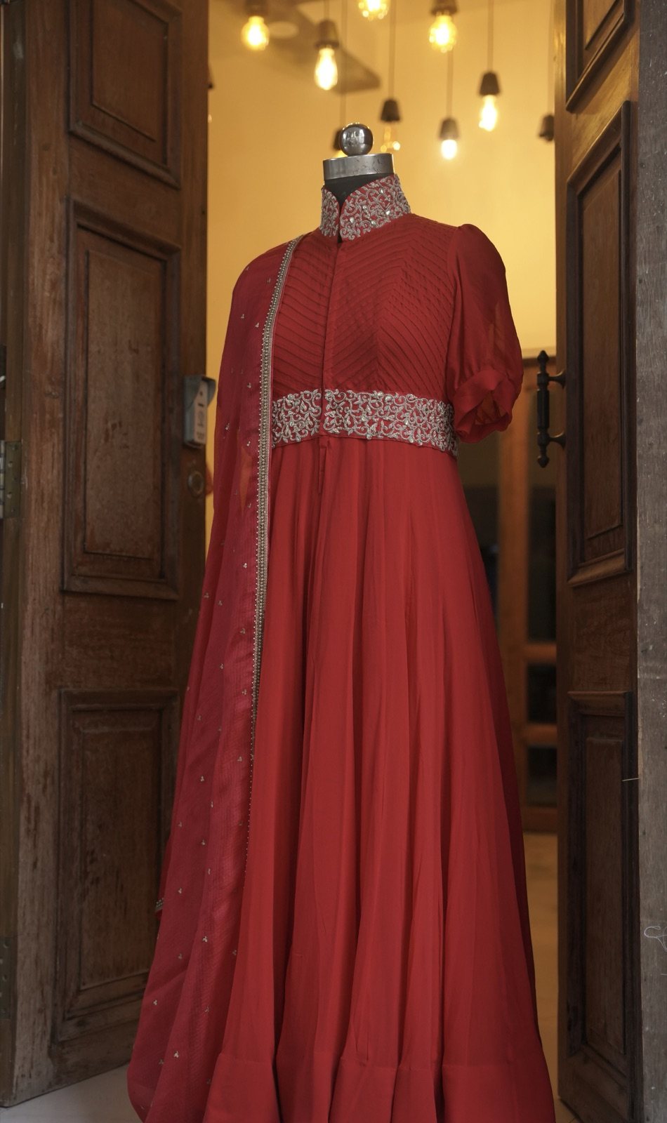 Red High-Collar Anarkali Gown with Embellished Belt