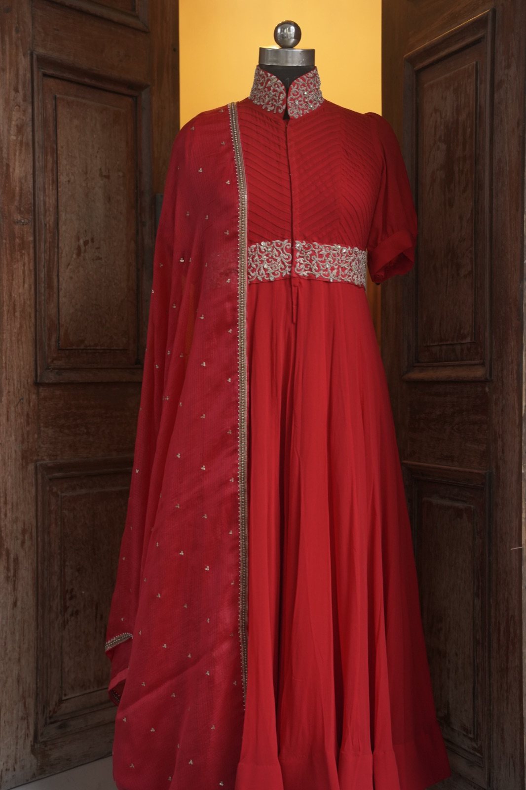 Red High-Collar Anarkali Gown with Embellished Belt - view 3