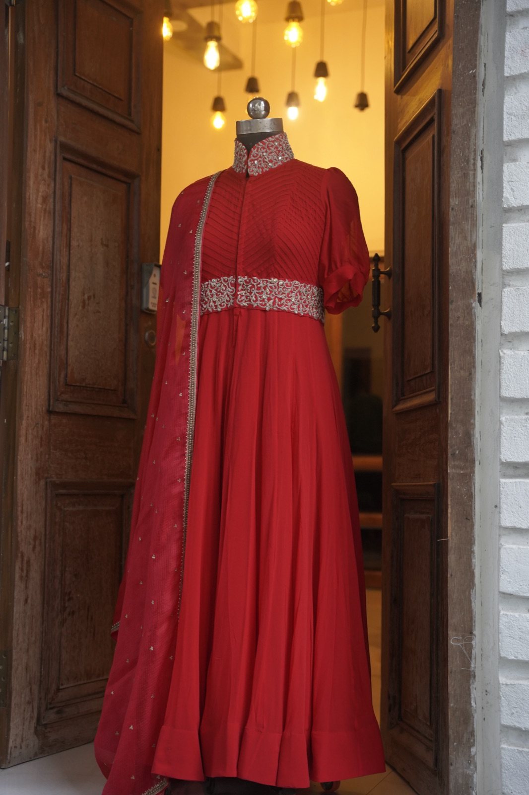 Red High-Collar Anarkali Gown with Embellished Belt - view 4