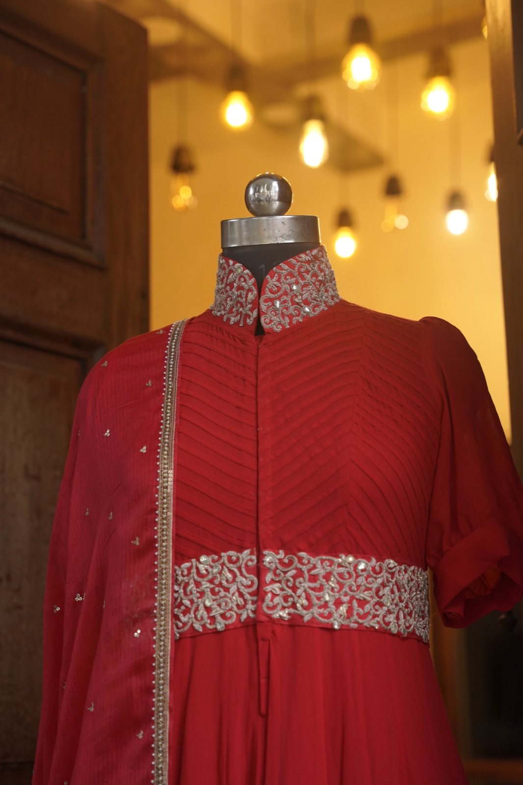 Red High-Collar Anarkali Gown with Embellished Belt - view 5