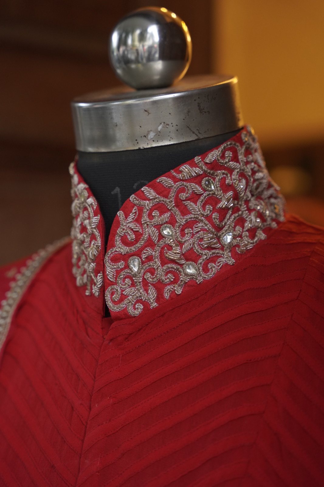 Red High-Collar Anarkali Gown with Embellished Belt - view 7
