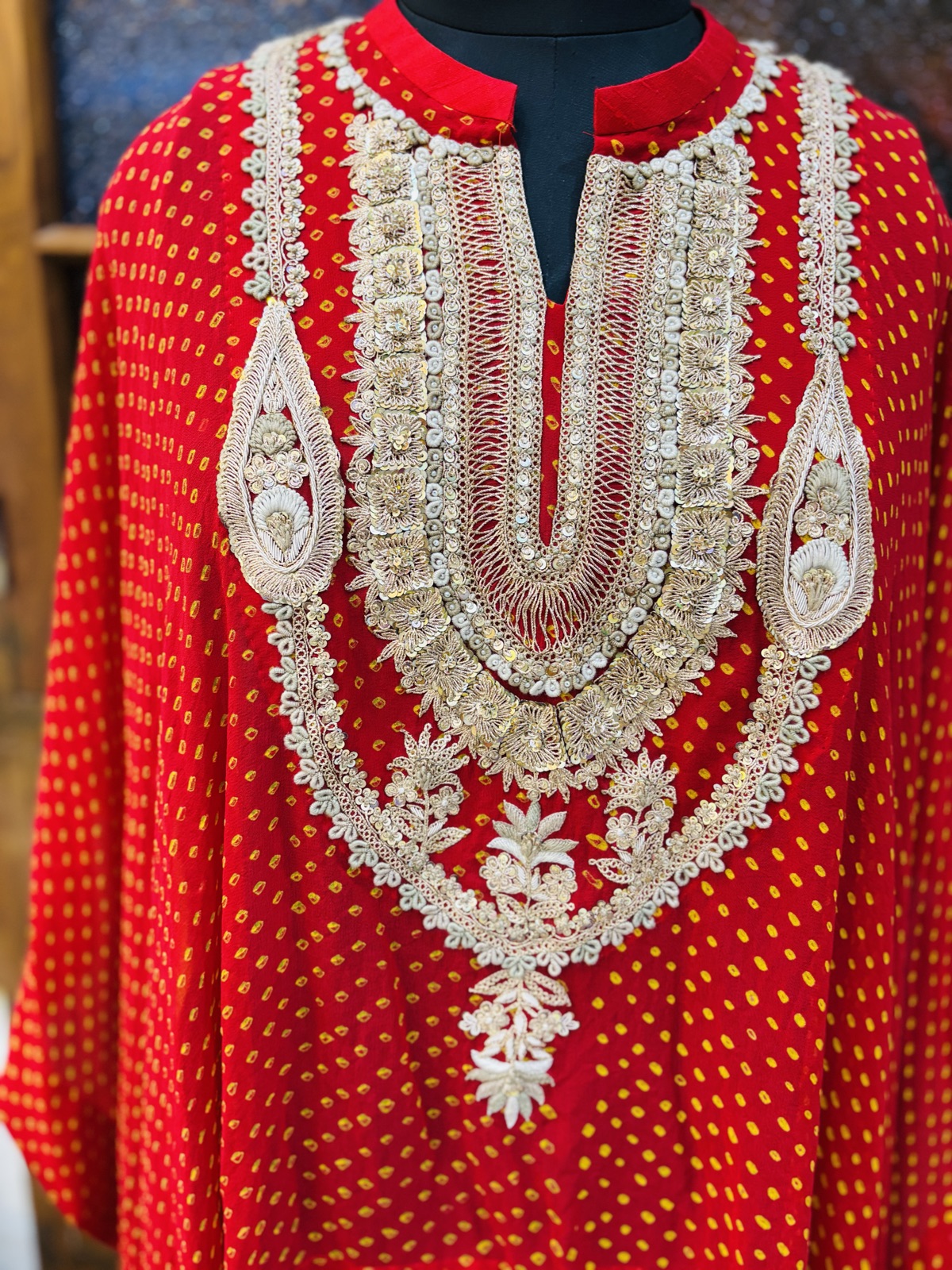 Vermilion Bandhani Kaftan with Zardozi Neckline