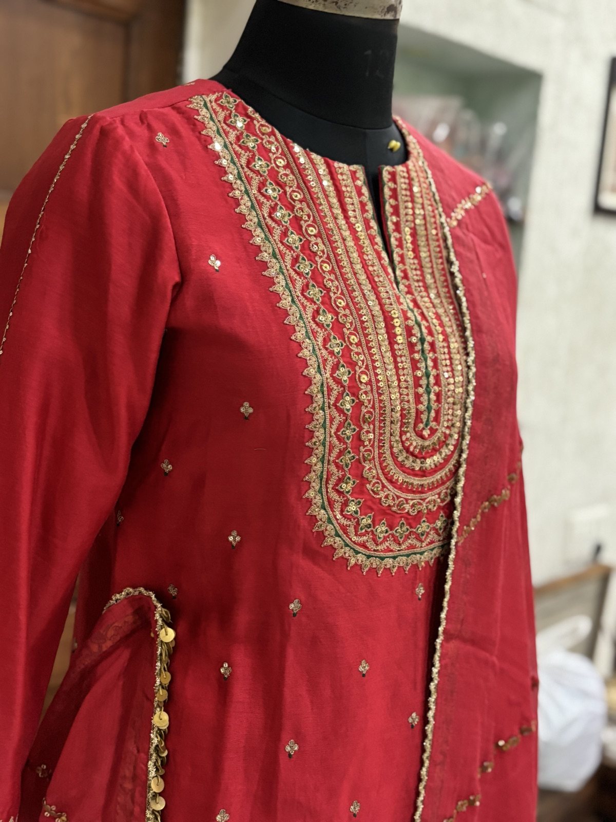 Red Kurta with Dhoti Salwar & Dupatta - view 3