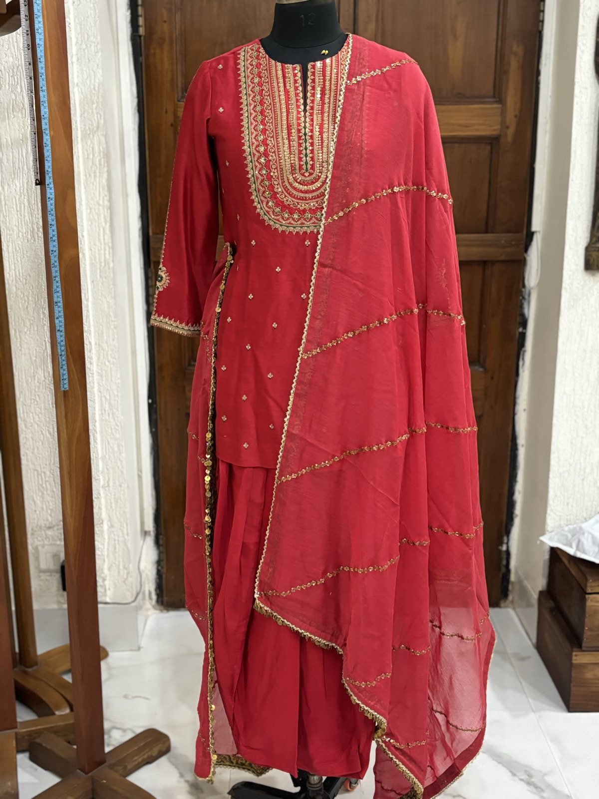 Red Kurta with Dhoti Salwar & Dupatta - view 4