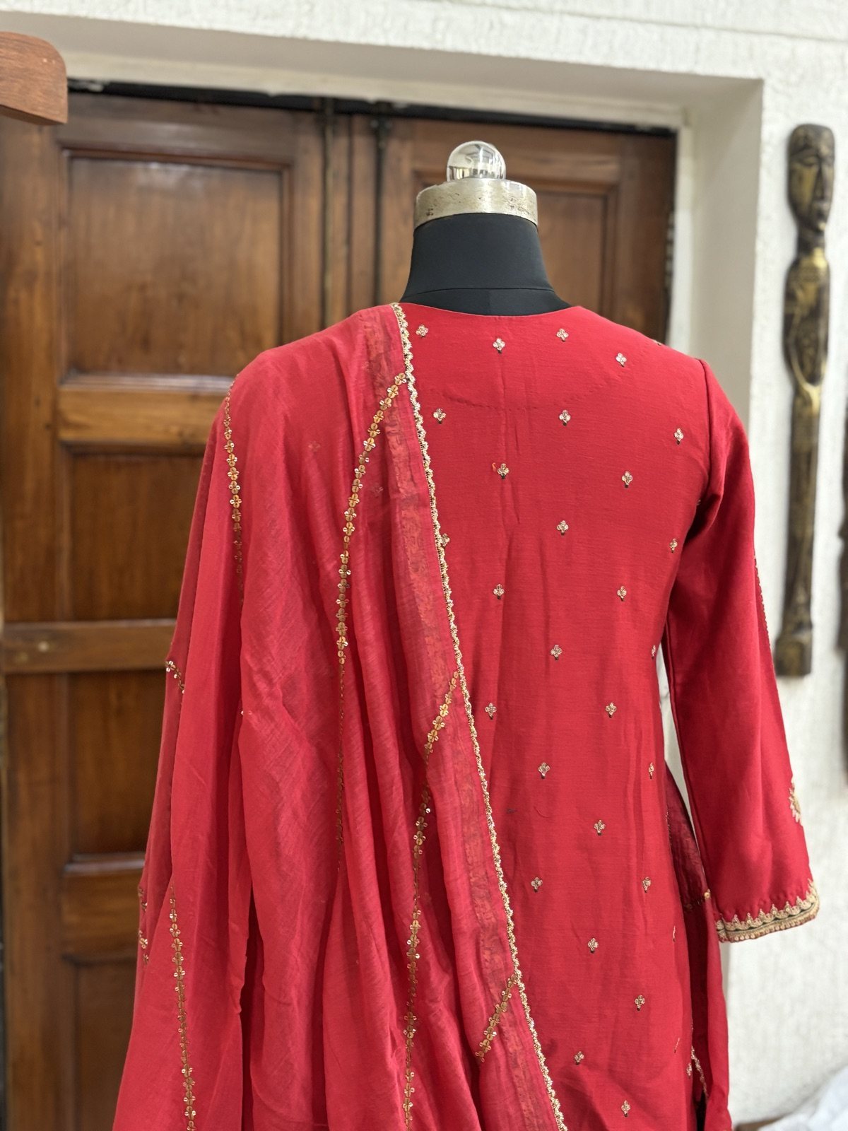 Red Kurta with Dhoti Salwar & Dupatta - view 5