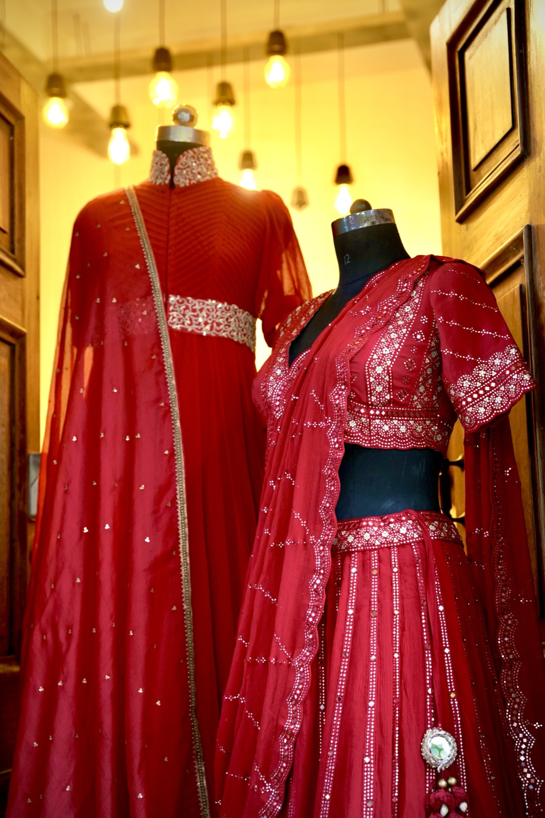 Crimson Mirror-Work Lehenga with Net Dupatta