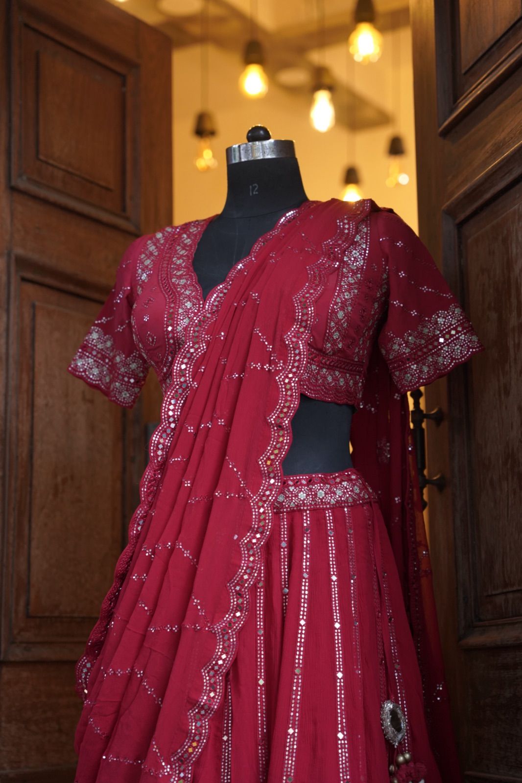 Crimson Mirror-Work Lehenga with Net Dupatta - view 2