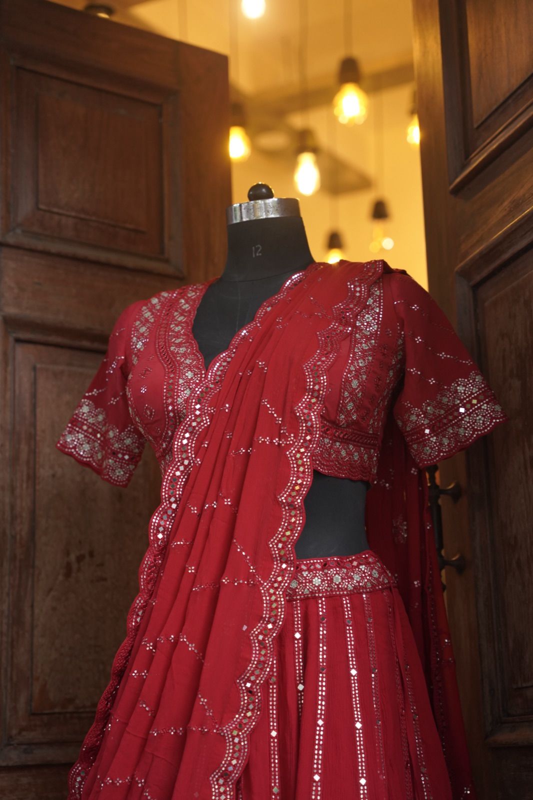 Crimson Mirror-Work Lehenga with Net Dupatta - view 3