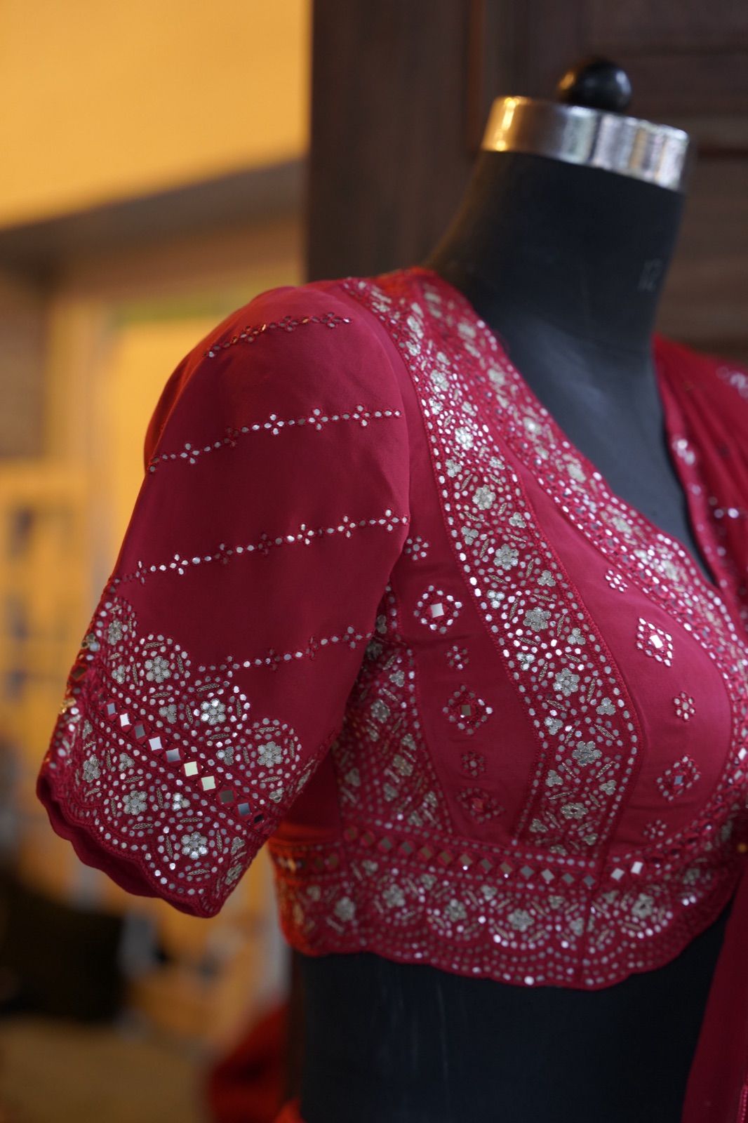 Crimson Mirror-Work Lehenga with Net Dupatta - view 4
