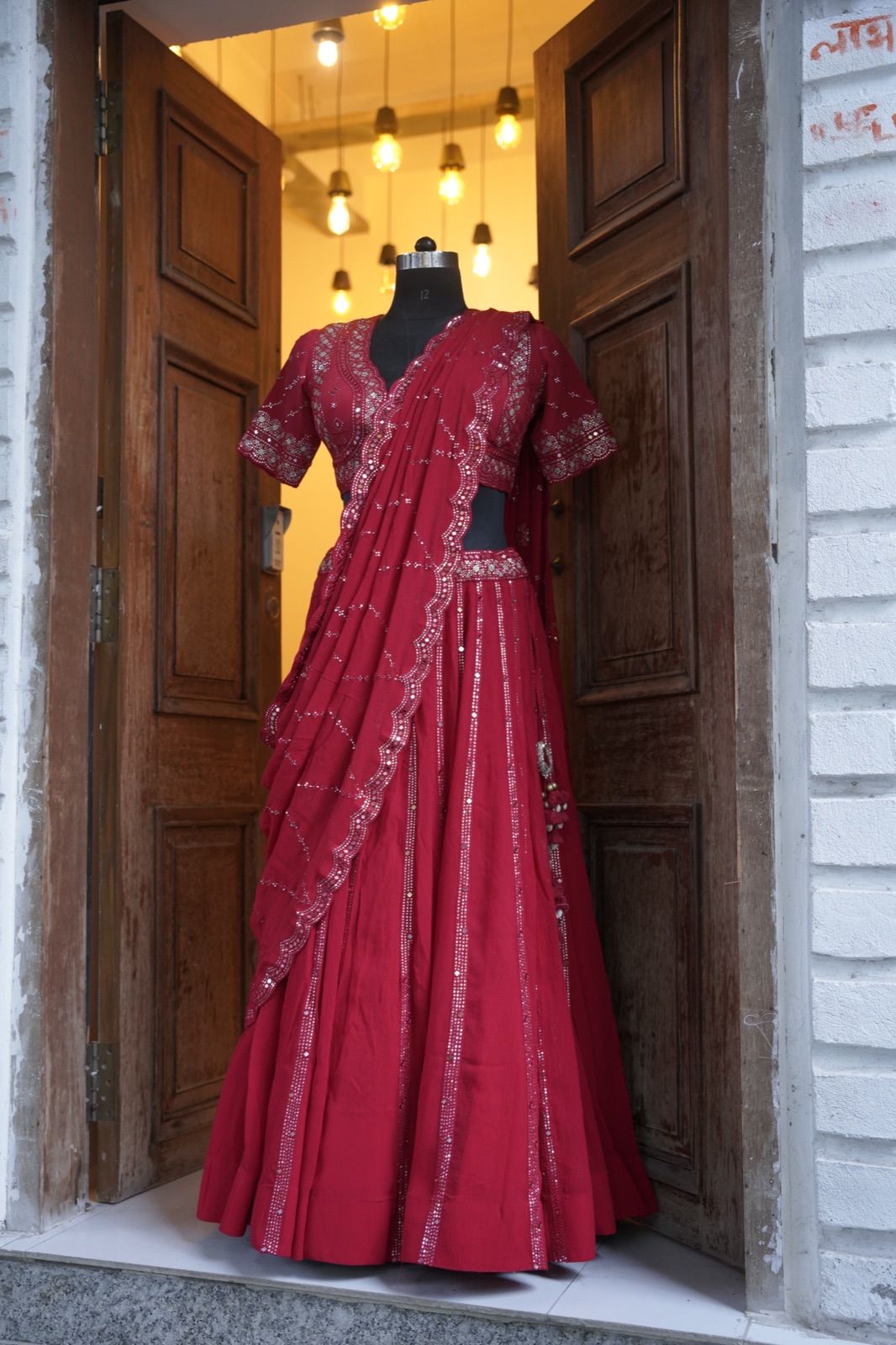 Crimson Mirror-Work Lehenga with Net Dupatta - view 5