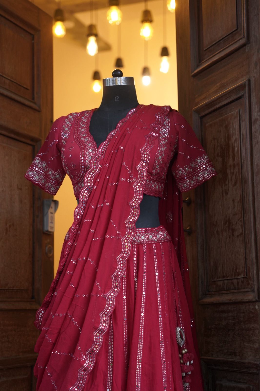 Crimson Mirror-Work Lehenga with Net Dupatta - view 6