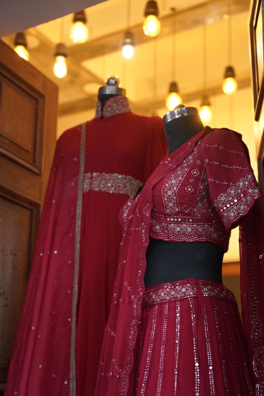 Crimson Mirror-Work Lehenga with Net Dupatta - view 7
